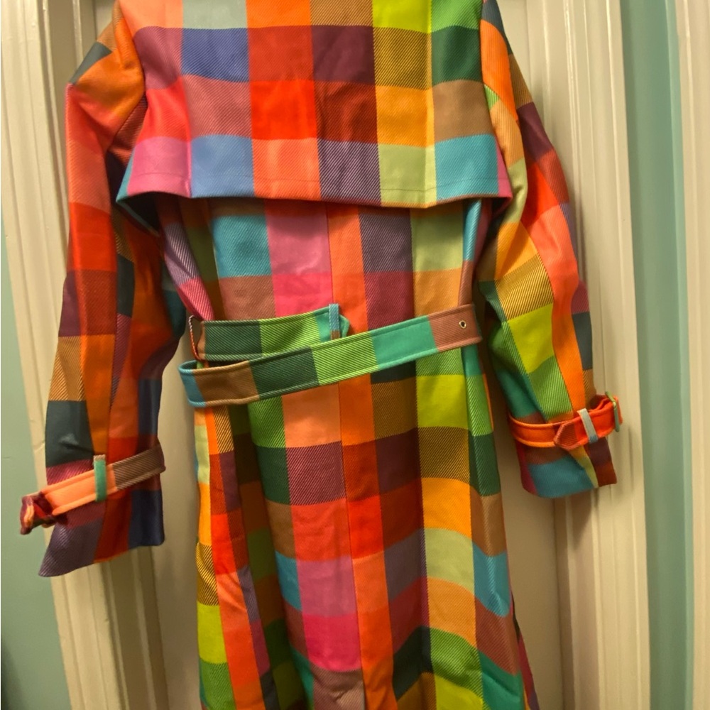 🎉Colorful Checkered Plaid Double Breasted belted Trench Coat - Picture 9 of 12